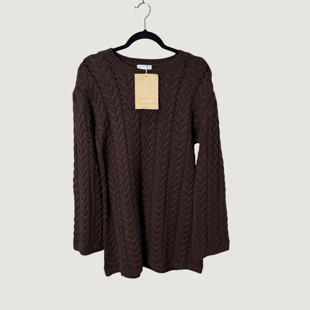 Sabo Sophie Sweater Mini Dress Chocolate Brown Cable Knit XS Autumn Layering